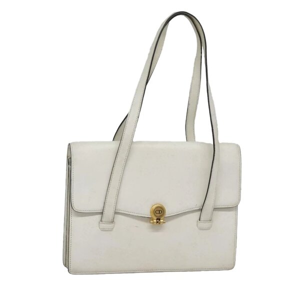 Christian Dior Hand Bag Leather White Gold Auth 93357 - Picture 1 of 15